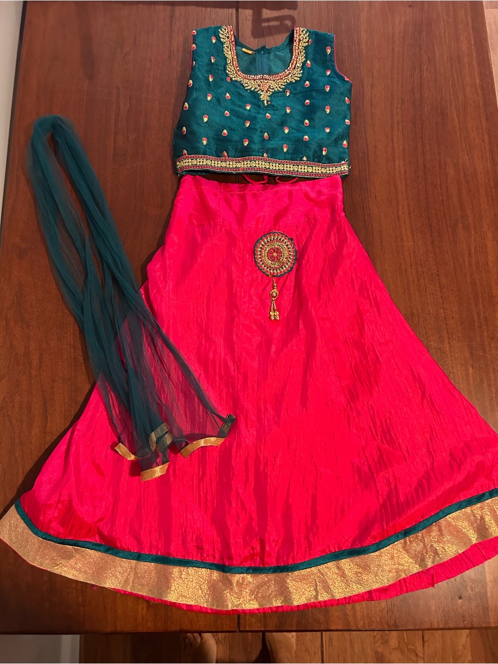 Lehenga Teal & Pink Embroidered Girls Skirt Set